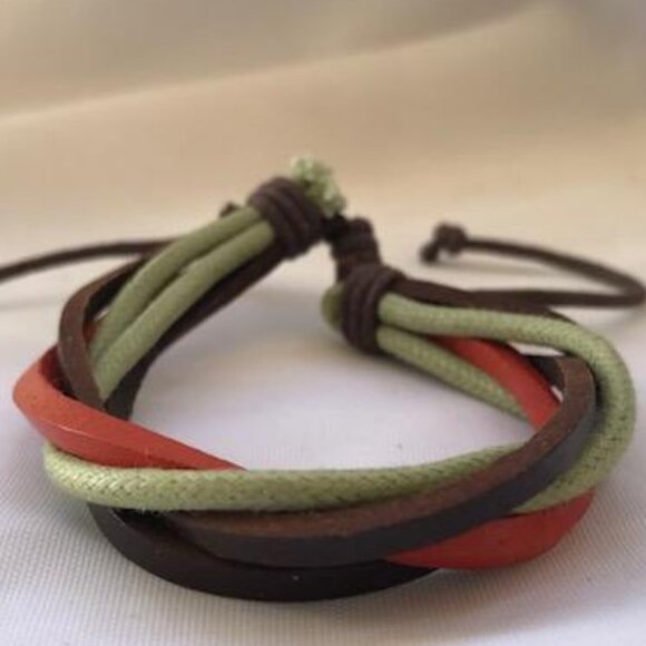 Green Brown & Orange Braided Leather Handmade Bracelet Adjustable Wristband - Picture 1 of 2